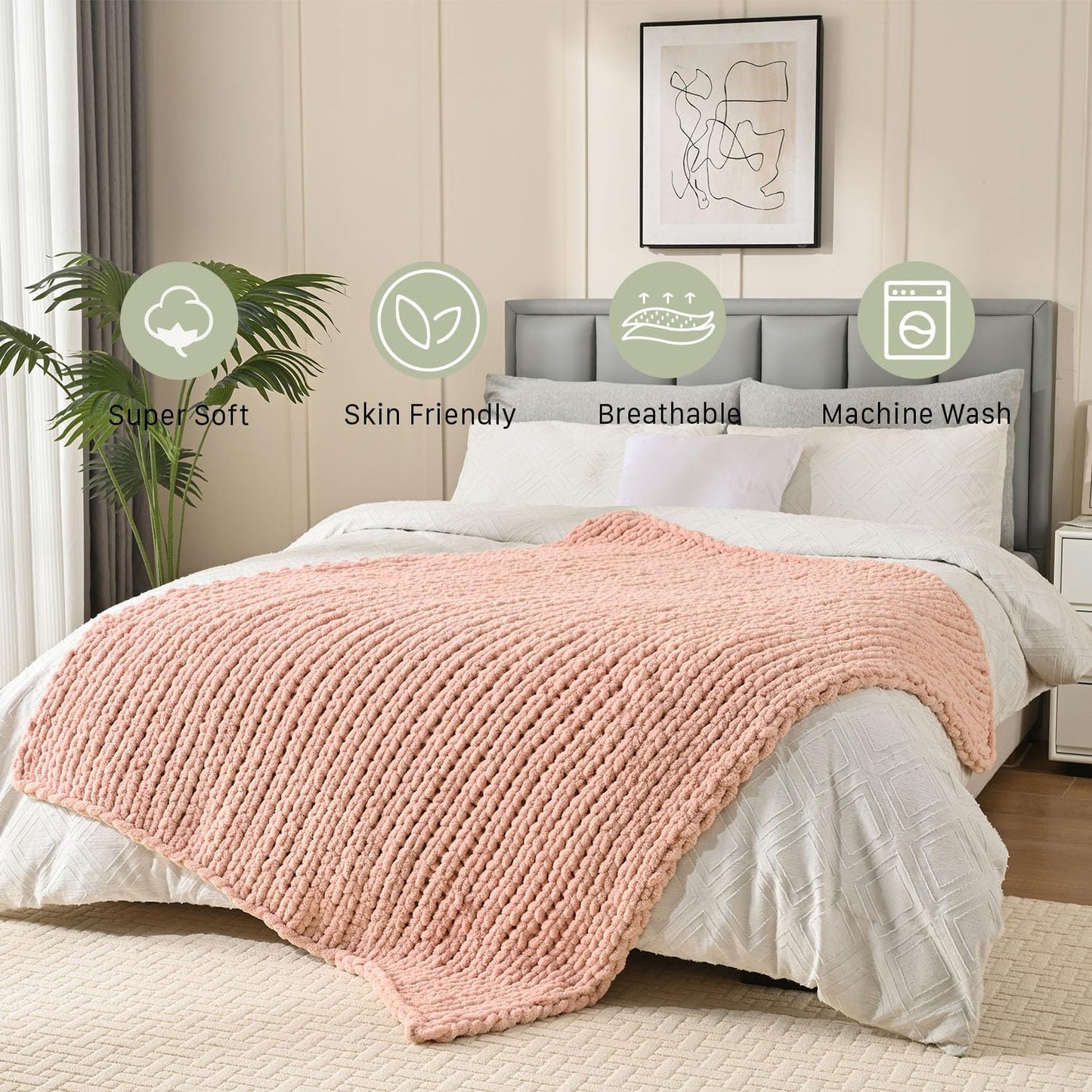 Esterra Chunky Knit Blanket Throw 40"x50", 100% Hand Knitted Chenille Throw Blanket, Cozy Soft Thick Cable Knit Throw Large Rope Knot Crochet Throw Blanket for Sofa Couch Bed, Dusty Pink