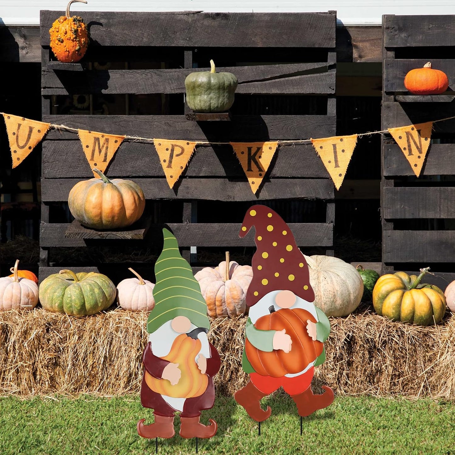 YEAHOME Fall Decorations for Home Outdoor, 2 Pack 25" Decorative Garden Stakes with Gnomes Pumpkin for Fall Decor, Metal Yard Signs for Outside Garden Lawn Porch Patio Thanksgiving Decorations