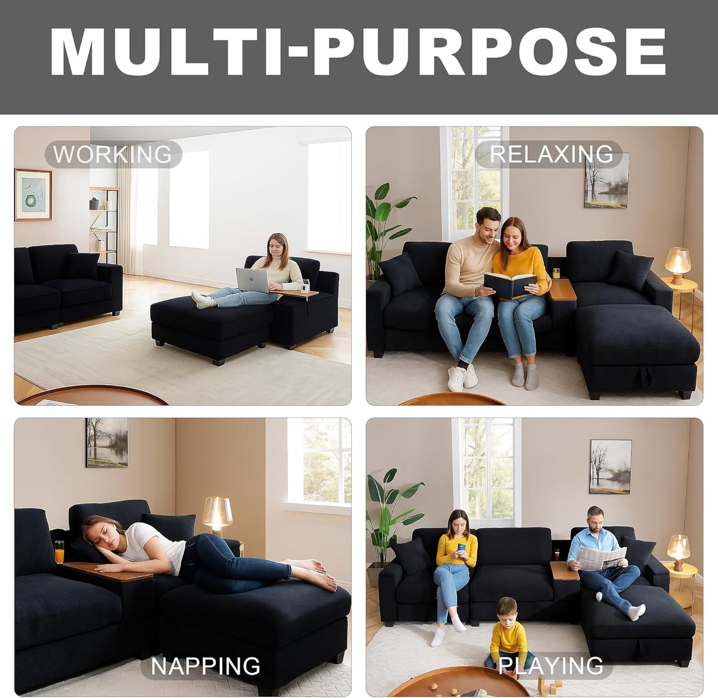 120.3" Modern L-Shaped Sectional Sofa with 360°Swivel Drop-Down Table, Storage Armrest, USB Ports & Movable Storage Ottoman – Plush Linen Cloud Couch for Lounge (Black)