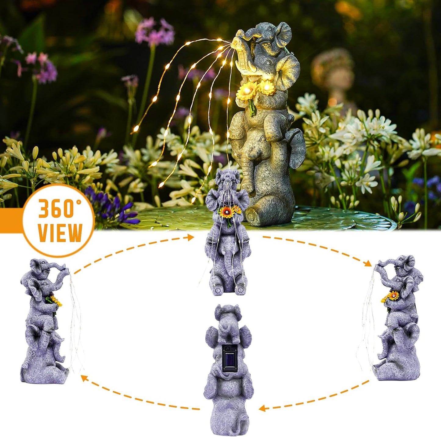 Solar Garden Decor Elephant Statue Outdoor, Luck Triple Elephant Decorations for Yard Porch Lawn Patio - Ideal Gifts for Women Mom Grandma Senior Elder or Birthdays 12"