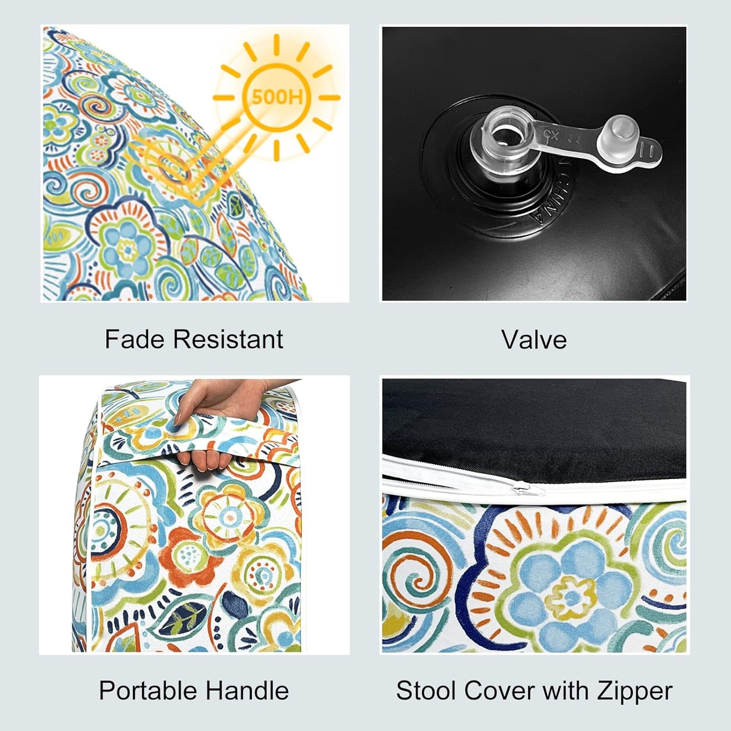 LVTXIII Outdoor/Indoor Inflatable Stool Ottoman, All Weather Patio Footrest Pouf, Portable Round Ottoman for Patio Garden, Camping or Home, D21xH9 Inches, Flower Blue