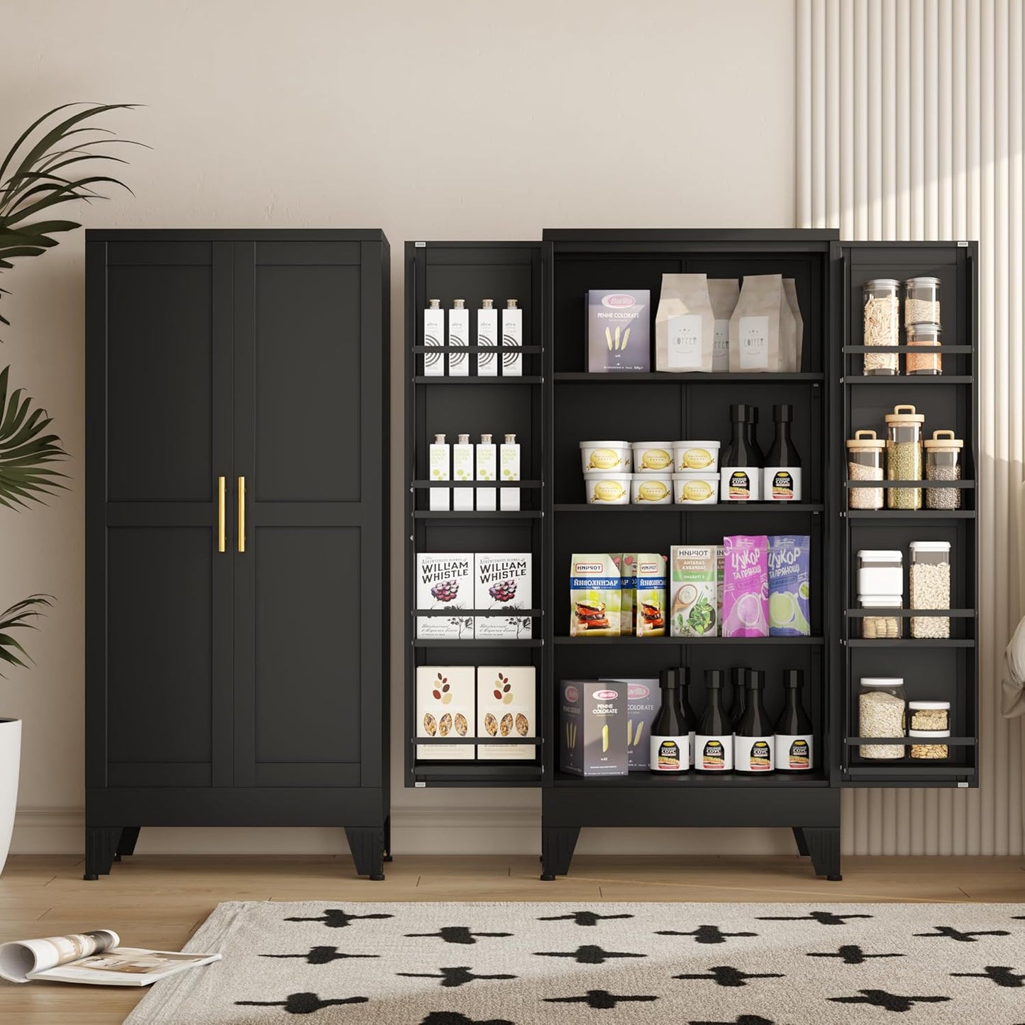 51" Metal Kitchen Pantry Cabinet, Storage Cabinets with 2 Door and 3 Adjustable Shelves, Black Freestanding Food Storage Cabinet, Steel Cupboard for Kitchen Dinning Room