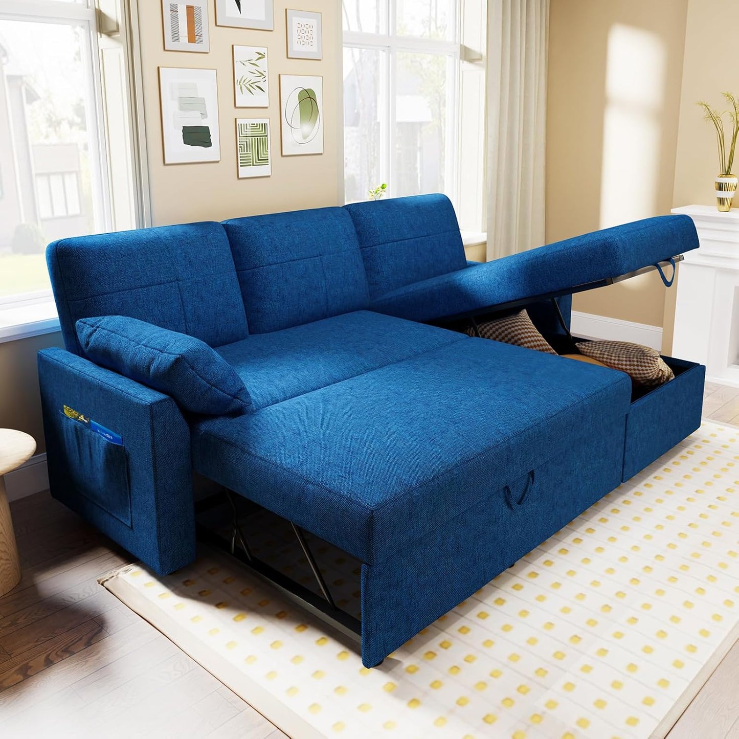 VanAcc Sleeper Sofa - 2 in 1 Pull Out Couch Bed with Storage Chaise for Living Room, Linen Blue