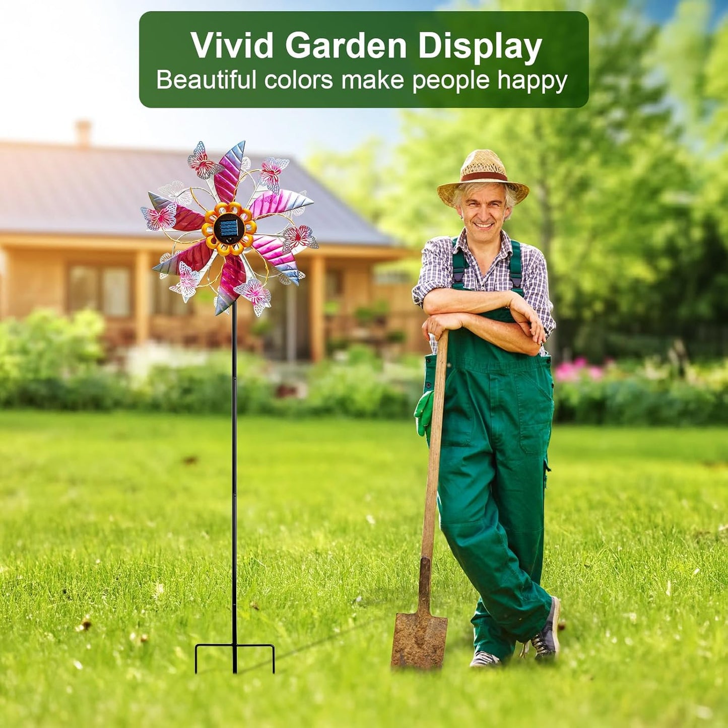 Solar Wind Spinners for Yard and Garden - 61.5 Inch 360° Metal Large Wind Sculptures Outdoor Clearance Kinetic Windmills with Vine String Shining LED Lights for Patio, Lawn Garden Decoration