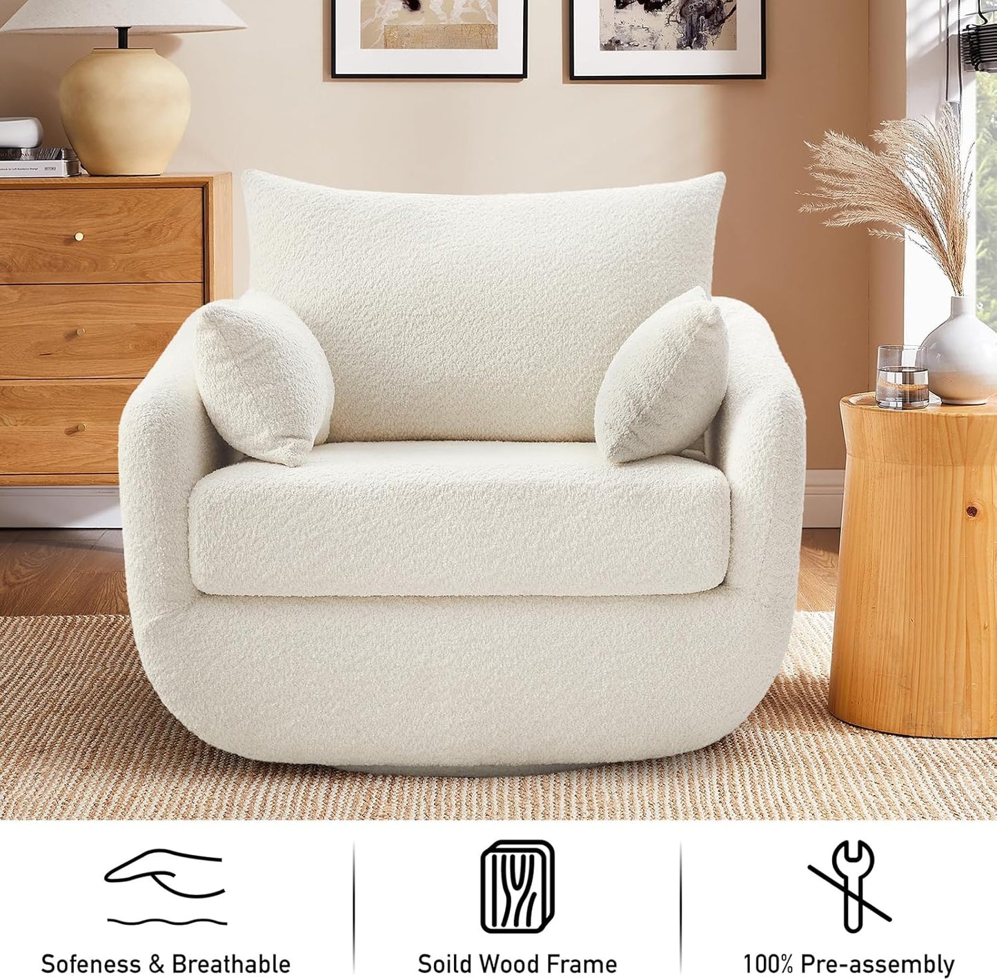 360° Swivel Accent Armchair Set of 2, 39.3" Oversized, Sherpa Boucle Fabric Sofa Chair with Removable Back & Arm Pillows, Swivel Chairs with Cozy Soft Padded, No Assembly Required, White
