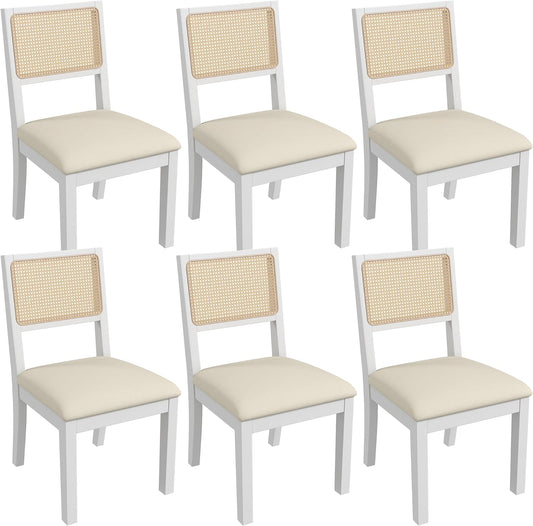 Westice Rattan Dining Chairs Set of 6, Farmhouse Natural Dining Room Chairs with Upholstered Cushion, Wood Armless Chairs for Kitchen/Restaurant, White