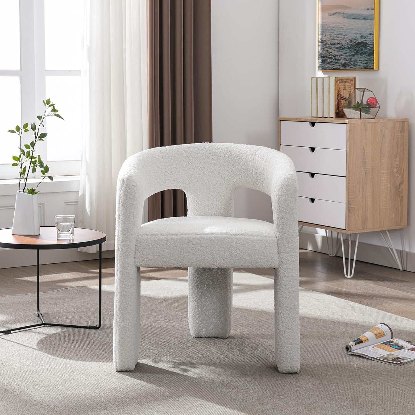 White Boucle Dining Chairs Set of 4, Modern Barrel Dining Room Chairs Upholstered Faux Fur Accent Chair with Arms and Round Back for Living Room Kitchen Armchair No Assembly Needed