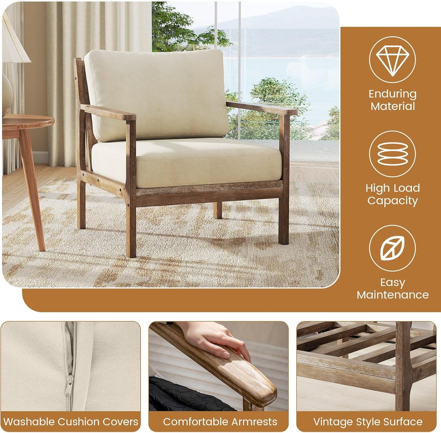 Giantex Mid Century Modern Accent Chair Set of 2, Wooden Arm Chair w/Solid Wood Frame, Removable Seat Cushion & Pillow, Vintage Comfy Reading Chair for Living Room, Bedroom, Study