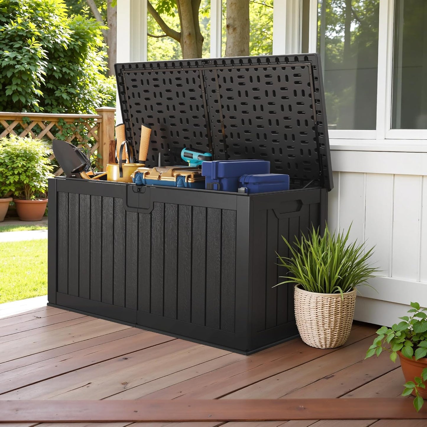 Devoko 240 Gallon Double-Wall Deck Box with Divider, Side Handles, Resin Outdoor Large Storage Box Waterproof and Lockable for Patio Furniture, Garden, Pool (Black)