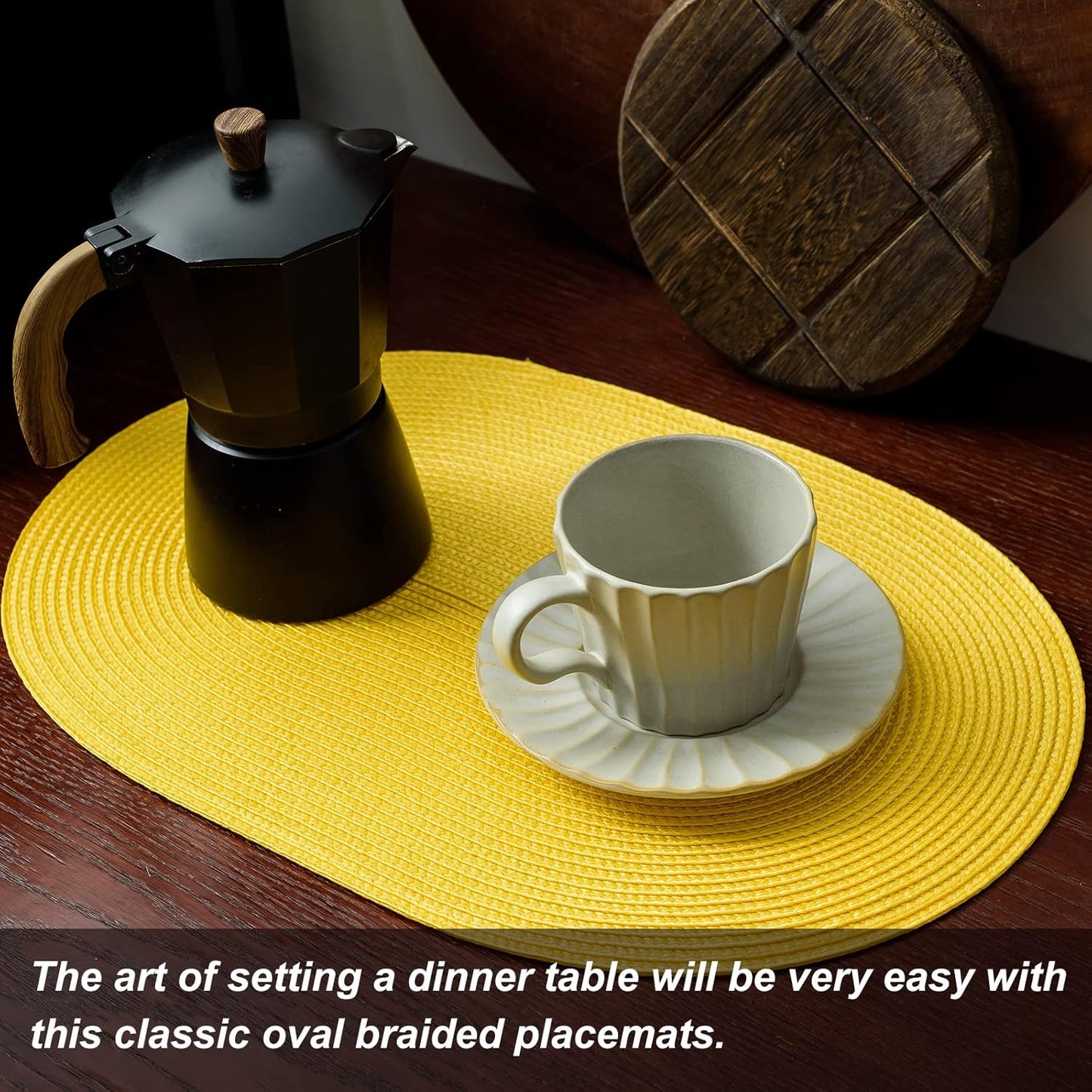AHHFSMEI Placemats Set of 8 for Dining Table Washable Woven Vinyl Non-Slip 18x12 inches Placemat Heat-Resistant Durable Table Mats for Dining Table Easy to Clean (Yellow, 8)
