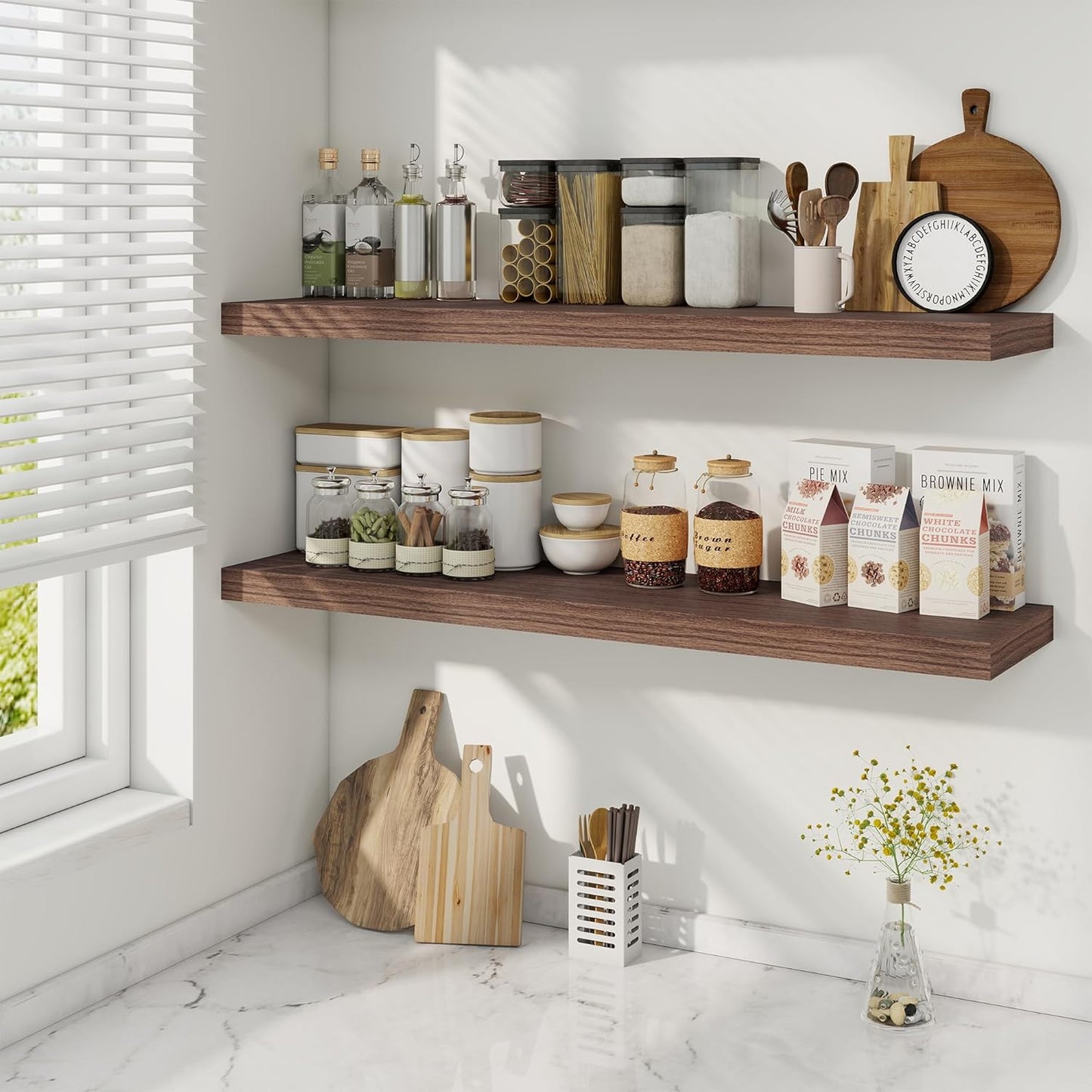 Fun Memories 40" Rustic Wood Floating Shelves with Invisible Brackets for Storage & Decor, Deep Wall Mounted Shelves for Bathroom, Kitchen, Living Room (Walnut, Set of 2)