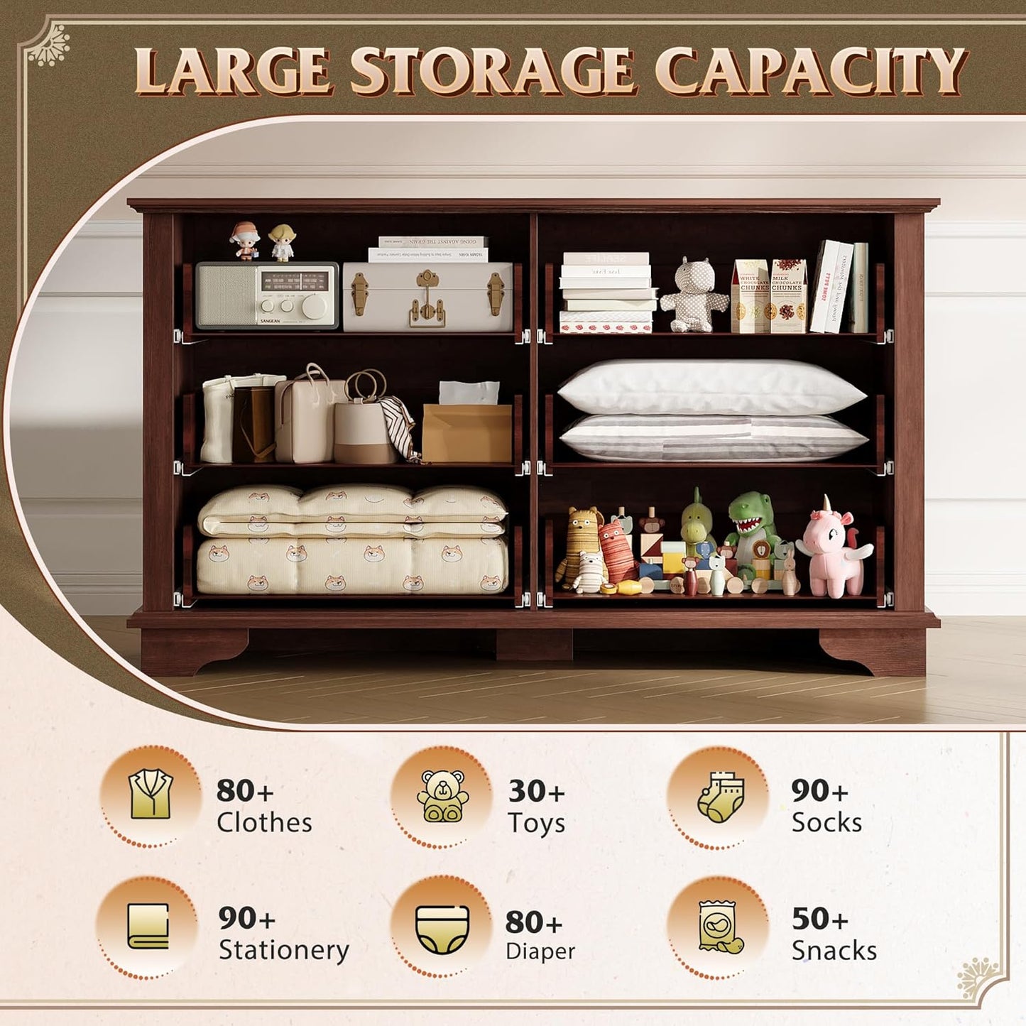 WLIVE Wood Dresser for Bedroom with 6 Drawer, 51.97'' Wide, Farmhouse Long Storage Dresser Organizer with Roman Metal Handle, TV Stand for 60 inch TV, Chest of Drawers for Living Room, Hallway, Brown