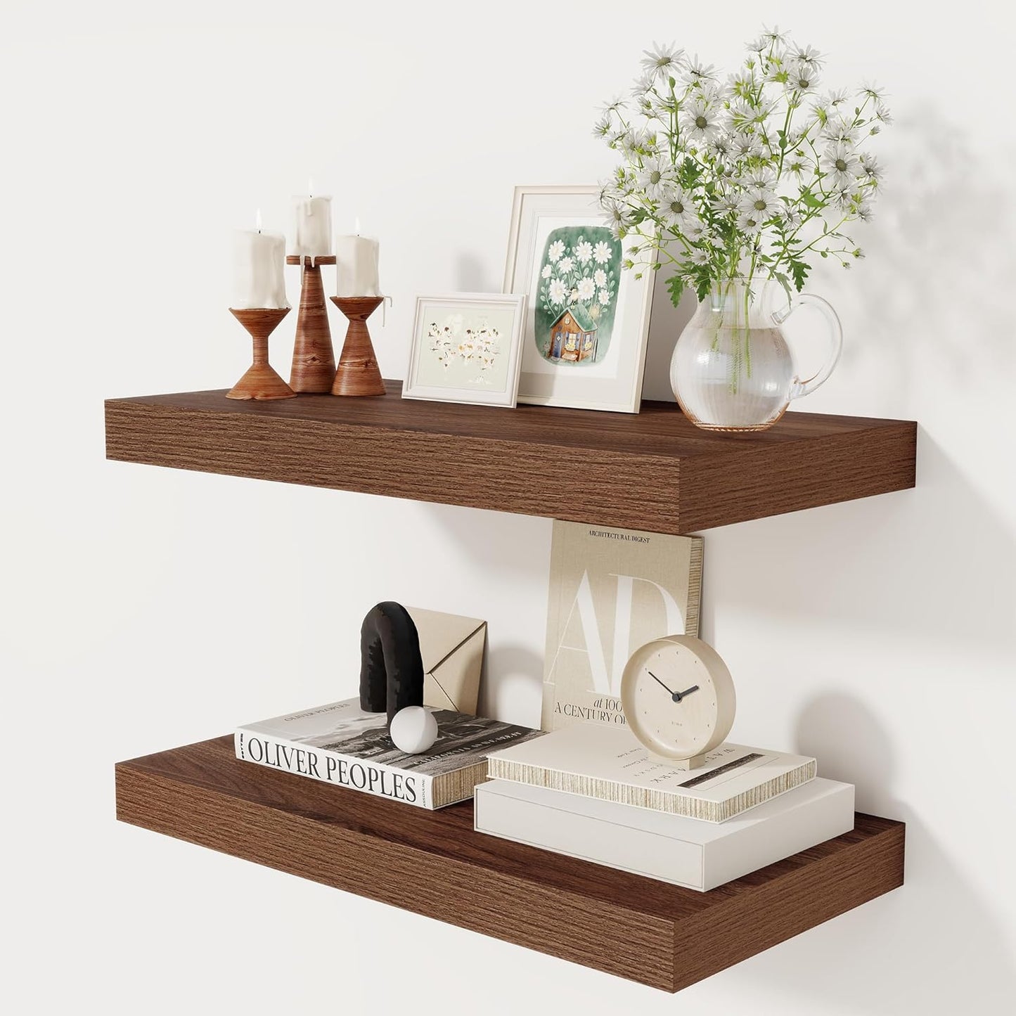 12 Inch Deep Floating Shelves, 24 x 12 Floating Shelf for Books, Rustic Wood Deep Wall Shelves for Home Storage & Display, 2" Thicked Shelves for Kitchen, Living Room, Bedroom, Walnut Color, 2 Pack