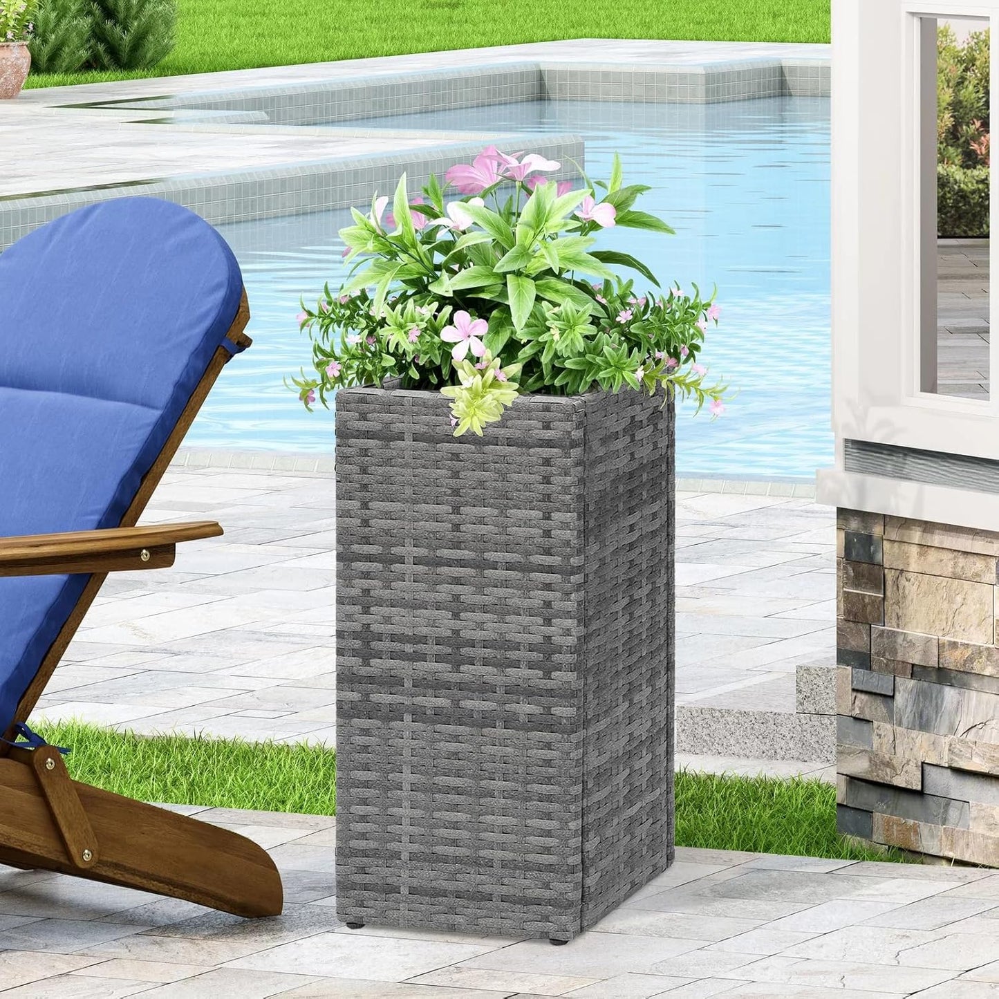 SUNNYPARK 2 Pack Tall Planters for Outdoor Plants Rattan Modern Tall Square Planter Box with Removable Liners Indoor Outdoor Porch Patio Flower Pot (12’’ x 12’’ x 24’’)