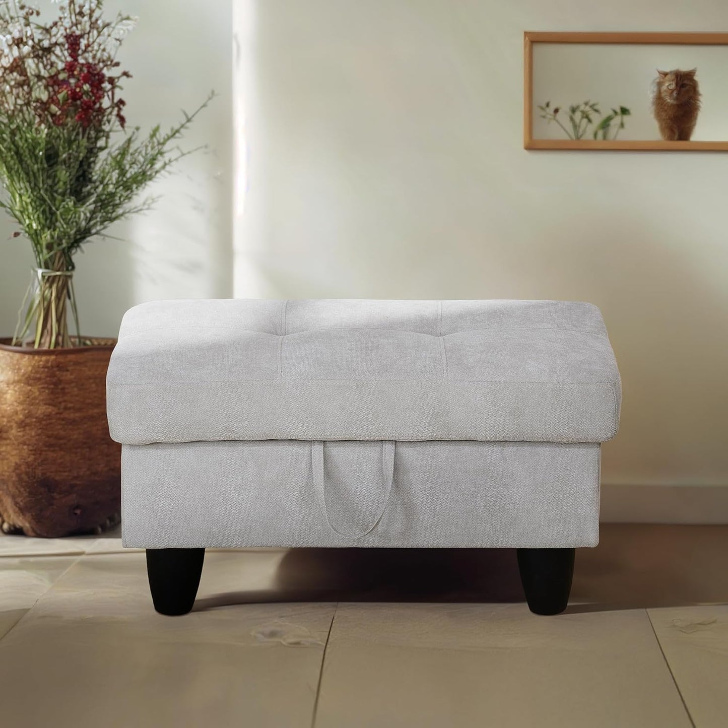 Ottoman Rectangular Storage Ottoman Bench, Flannel Footrest Stool Footstool with Lid for Living Room, Bedroom, Entryway, Khaki, 28.5"x19"x17.5"