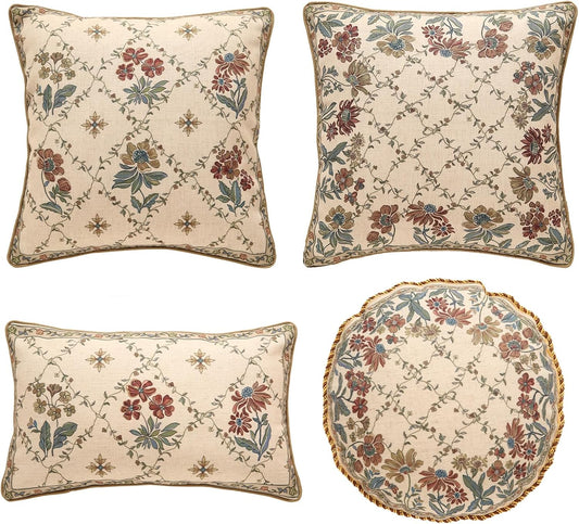 patdrea Designer Throw Pillow Covers Set of 4,Euro Vintage Light Brown Linen with Floral Collection Pattern Pillow Cover,Decorative Square Lumbar Round Pillowcases Cushion for Bed Living Room Car