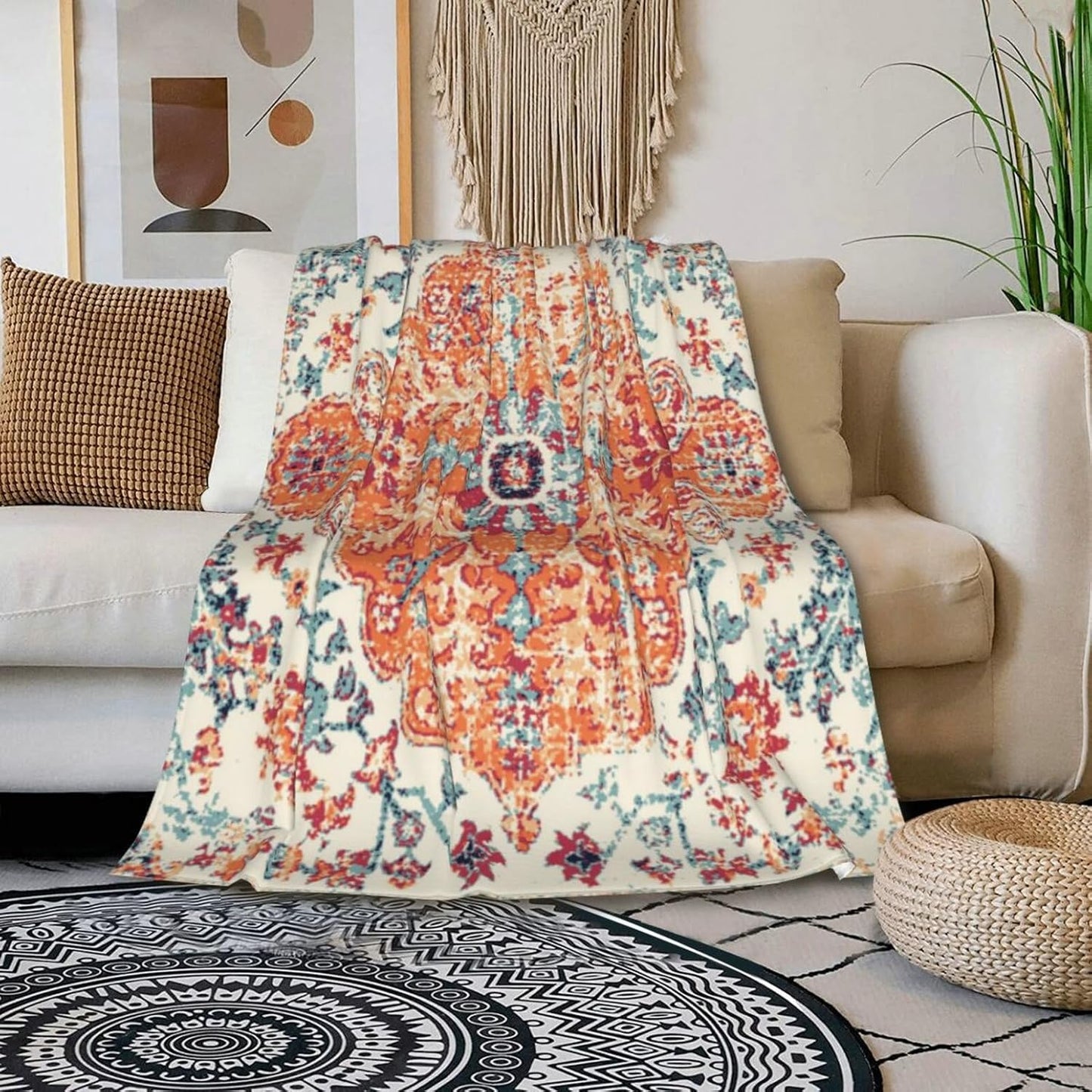 HGOD DESIGNS Carpet Pattern Throw Blanket Boho Style Ethnic Design Orange Blue Soft Blankets and Throws 40x50 Inch Caring for Women Men (100x130cm)