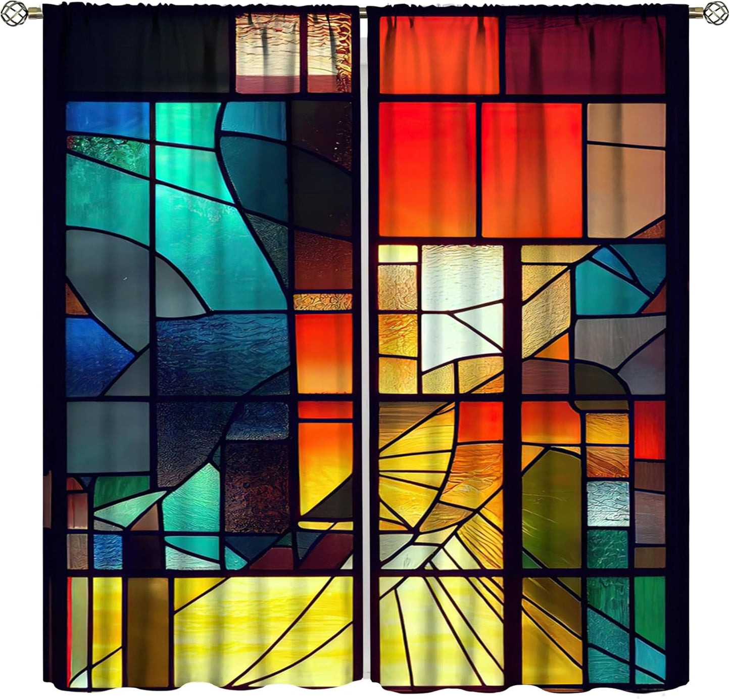 Stained Glass Curtains,Retro Abstract Colorful Geometry Textures Art Home Decor Drapes for Bedroom Living Room Kitchen Window Treatment 2 Panels Set Total Size 52" W X 84" L Inch