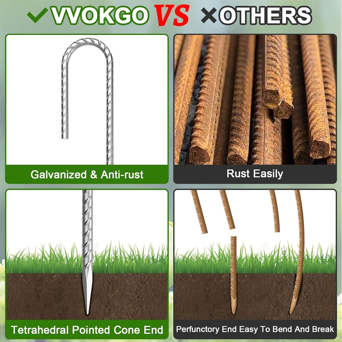 VVOKGO Rebar-Stakes-12-Inch J Hook Galvanized Tent Stakes Heavy Duty, 95-Pack Ground Chain Link Fence Anchors with Chisel Point End for Gazebo, Camping Tents, Outdoor Inflatables Decorations