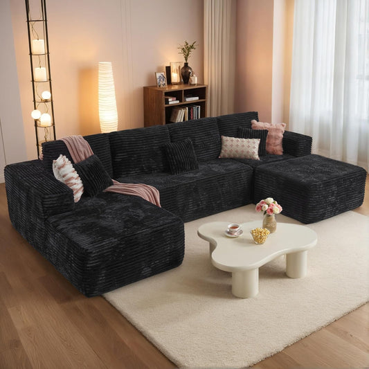 HOOOWOOO Cloud Sectional Couches for Living Room,Modular Sectional Sofa No Assembly,133X70 Inch Plush Corduroy Large U Shaped Floor Couch Set with Deep Seat Chaise Ottoman(Black)