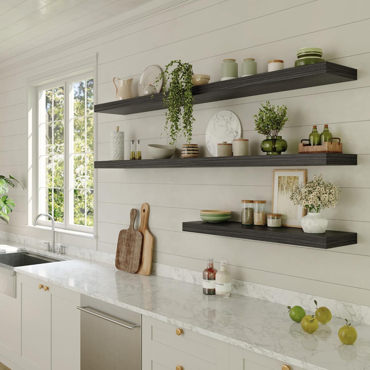 Large Floating Shelves for Wall Set of 3 Wooden Wall Shelves 36 in x 12.75 in x 2 in Room Decor Long Shelf with Invisible Wall Mount Bracket for Bedroom Kitchen Living Room Black Wood