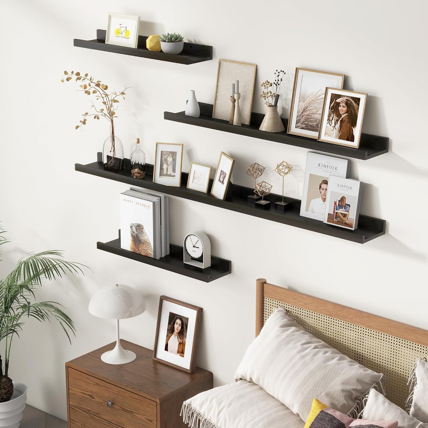 Picture Ledge Wall Shelves - 16 Inch Width Set of 3, Solid Pine Wood Rustic Floating Ledge Shelves for Kids' Room, Bedroom, Kitchen, Bathroom, Living Room, Nursery Display Decor, Black