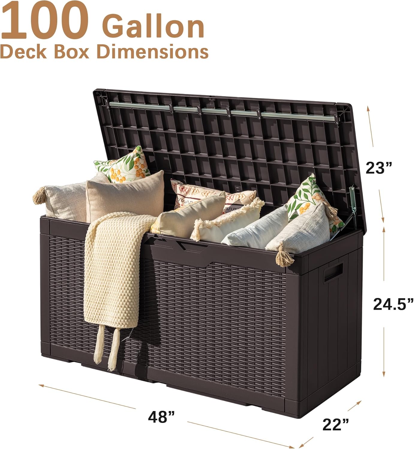 Devoko 97 Gallon Deck Box, Waterproof Resin Outdoor Storage Box for Outside and Patio, Large Outdoor Storage Bench Cabinet Lockable for Patio Furniture, Garden Tools and Pool Supplies (Deep Brown)
