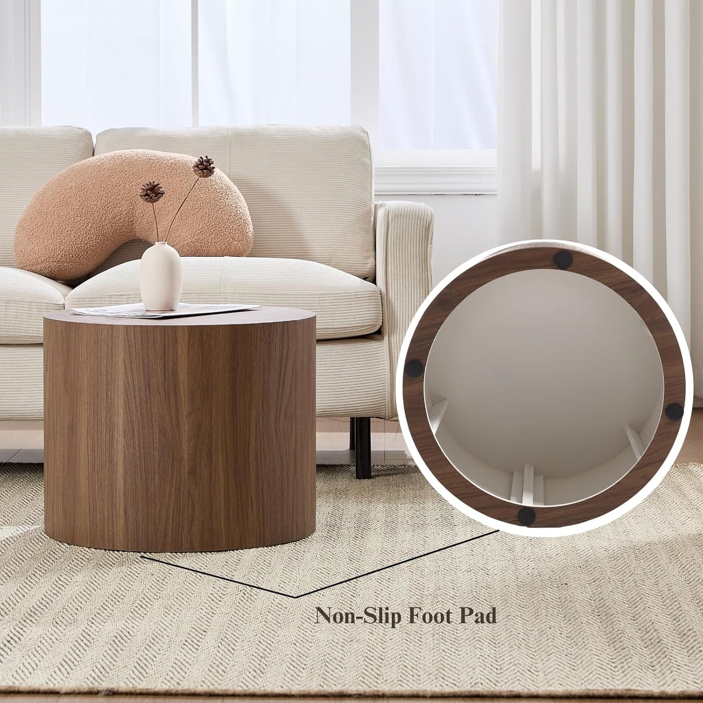 Round Coffee Tables Side Table Set of 2, Wood Nesting End Table for Living Room Balcony Office, Walnut Wooden Color, No Assembling