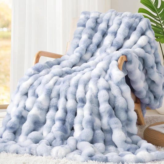 Touchat Luxury 1000GSM Faux Rabbit Fur Throw Blanket, Super Heavy Warm Cozy Grey Blankets for Couch Bed Sofa, Ruched Plush Fuzzy Elegant Soft Reversible Mink Blanket for Living Room Bedroom