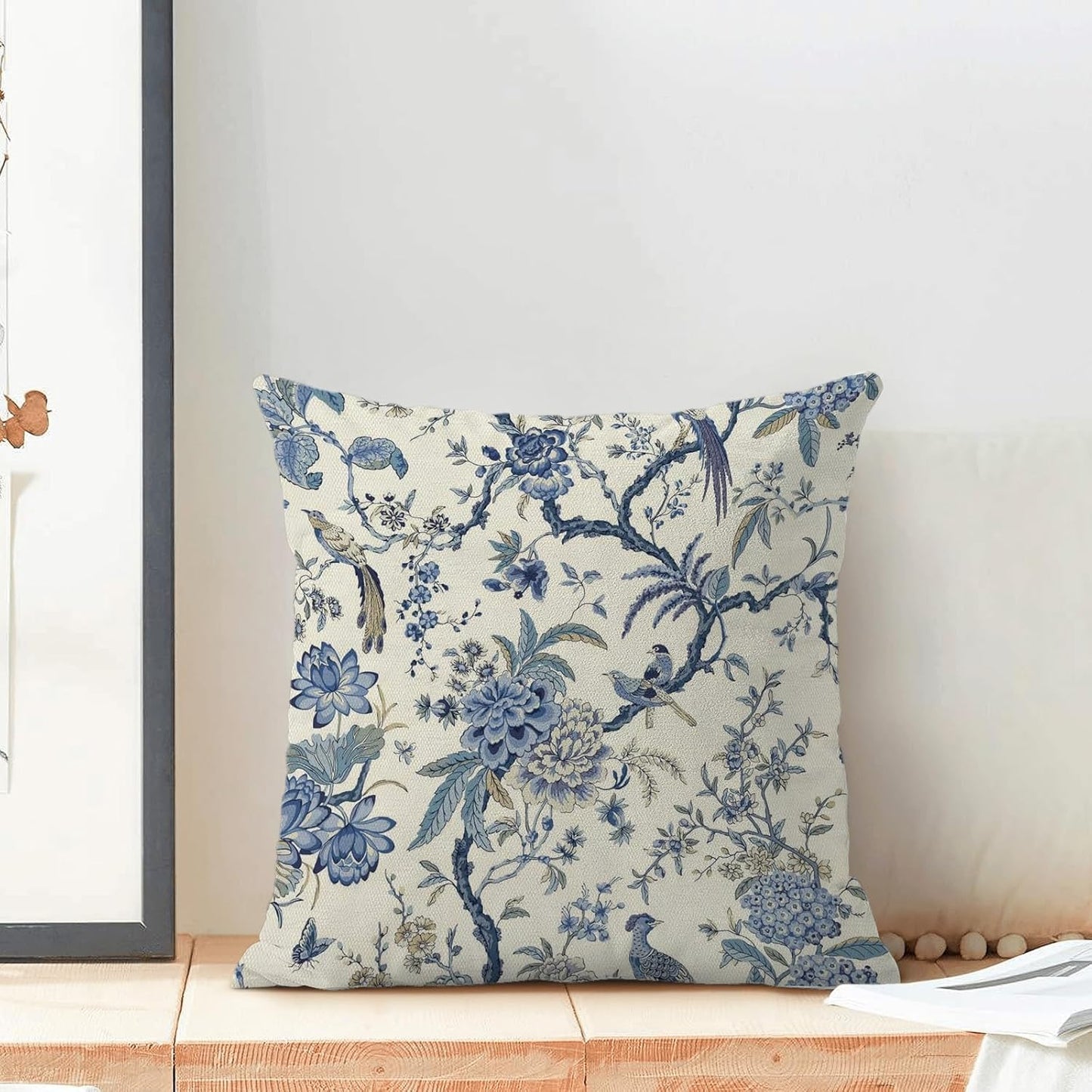 CXMEIFLY Spring Floral Birds Pillow Covers 20 x 20 Inch Set of 2 for Chinoiserie Flowers Decor Throw Pillows Blue and White Plant Outdoor Decorative Cushion Cases for Couch Bed Decorations