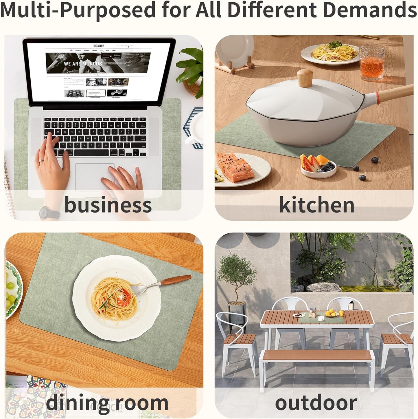 Maxpearl Faux Leather Placemats Set of 8 – Waterproof, Wipe Clean, Heat Resistant, Non-Slip Dining Table Mats for Indoor & Outdoor Use, 17”×12”, Sage Green