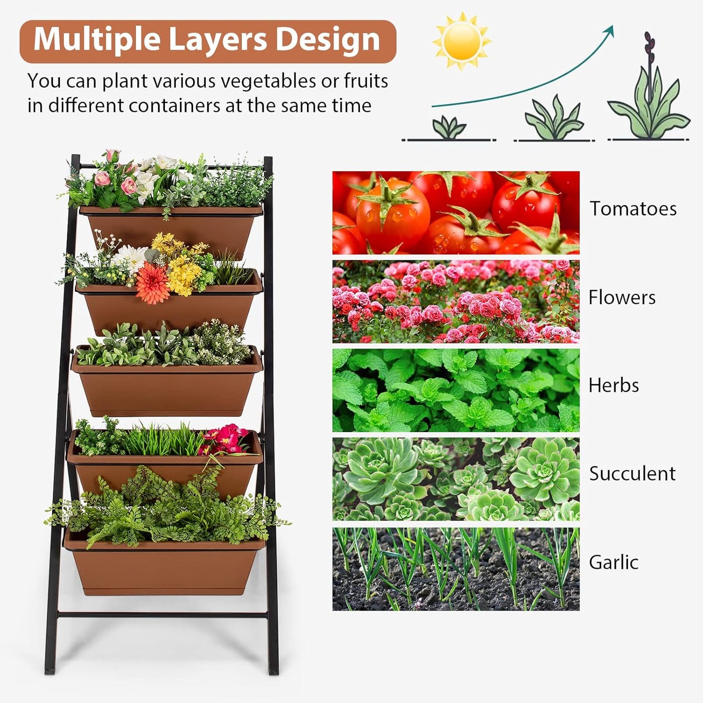 S AFSTAR 5-Tier Vertical Garden Planter, 5-Layer Raised Garden Bed with 5 Detachable Planter Boxes & Metal Frame, Indoor Outdoor Elevated Planting Containers for Flower Vegetables Fruit Herbs