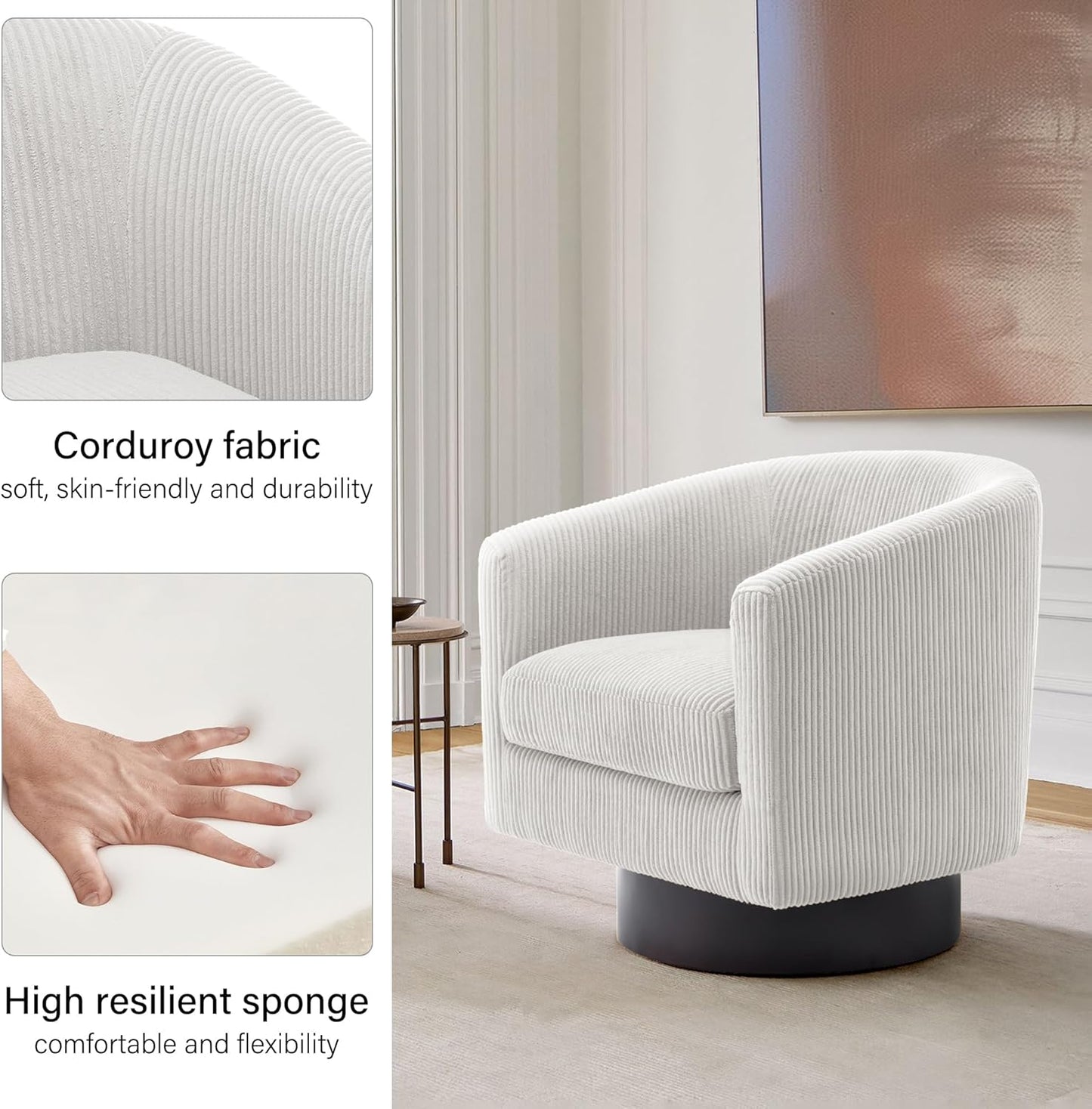 Swivel Barrel Accent Chair, Modern Round Corduroy Fabric Arm Chair for Living Room, Bedroom, Comfy Club Reading Chairs for Adults (Corduroy Beige, Set of 4)