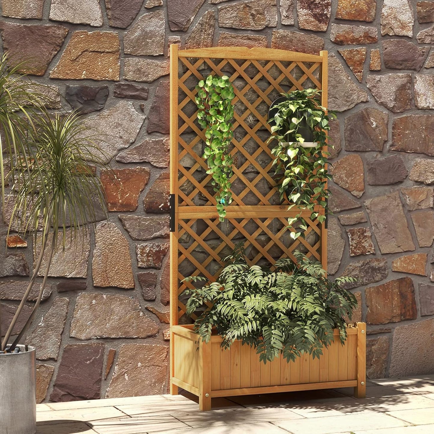 HAPPYGRILL 2 Pcs Raised Garden Bed, 71" Garden Planter with Trellis, Drainage Holes, Freestanding Garden Planter for Vine Climbing Plants, Wooden Planter Box for Yard Balcony (Yellow)