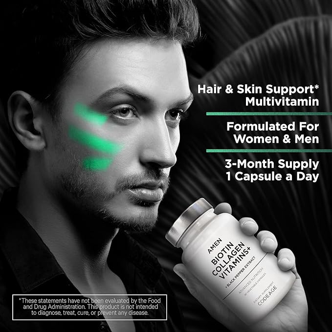 Amen Biotin Collagen Vitamins+ Advanced Hair, 10,000mcg Biotin, 3-Month Supply, 90 Capsules