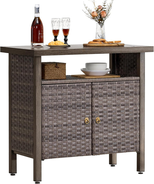 Outdoor Storage Cabinet, Woven Rattan Bar Table with 2 Doors, Slatted-Top, Wicker Console Table for Patio, Garden, Backyard, Kitchen - Brown