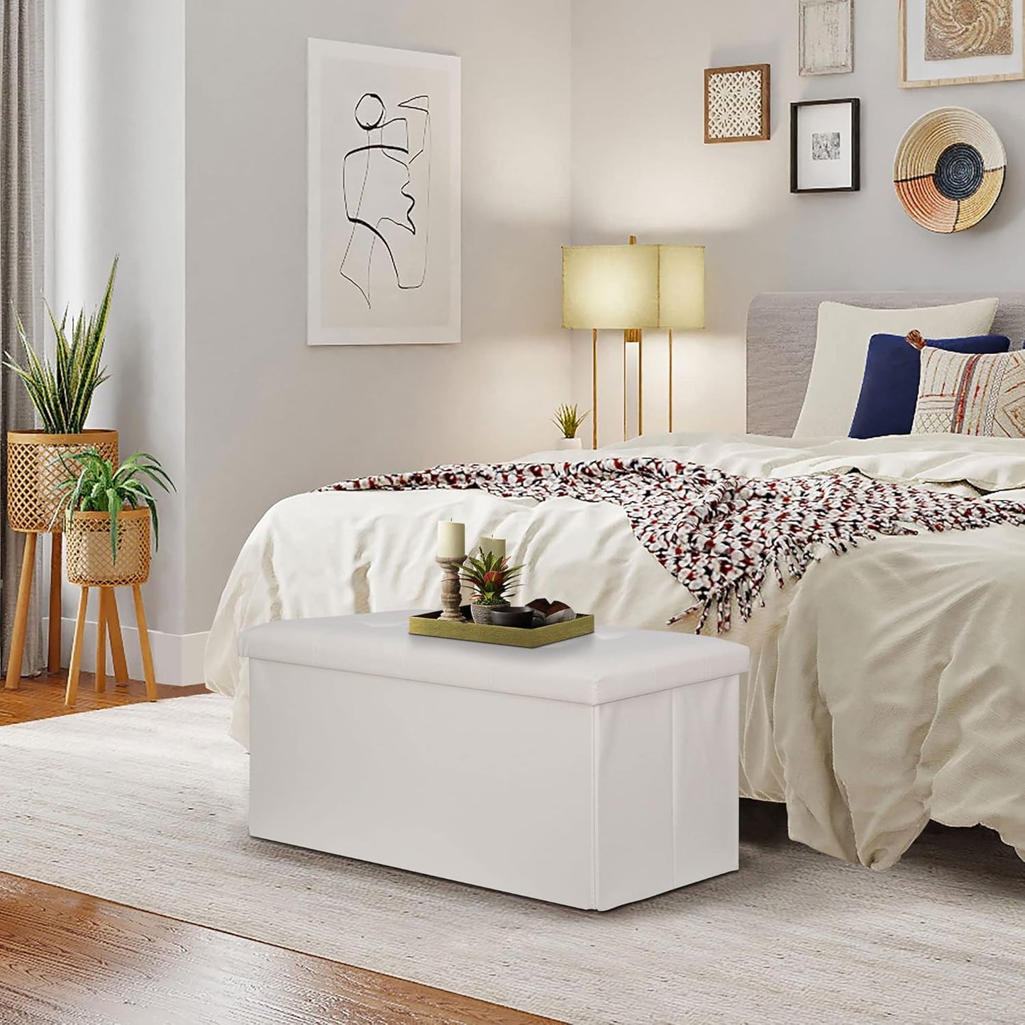 SUPER DEAL Folding Storage Ottoman Bench, Waterproof Faux Leather Ottoman Padded Seat Footrest Bench for Living Room, Bedroom, Entryway, Small Spaces, 15 x 30 x 15 inches, Creamy White