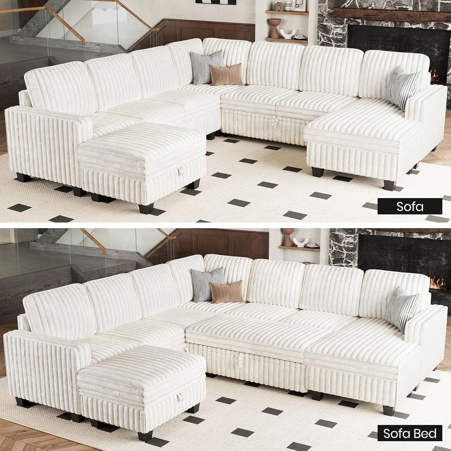 Belffin Oversized Sofa Bed Modular Sectional Sleeper Sofa with Pull Out Bed L Shaped Couch with Storage Chaise White Couch