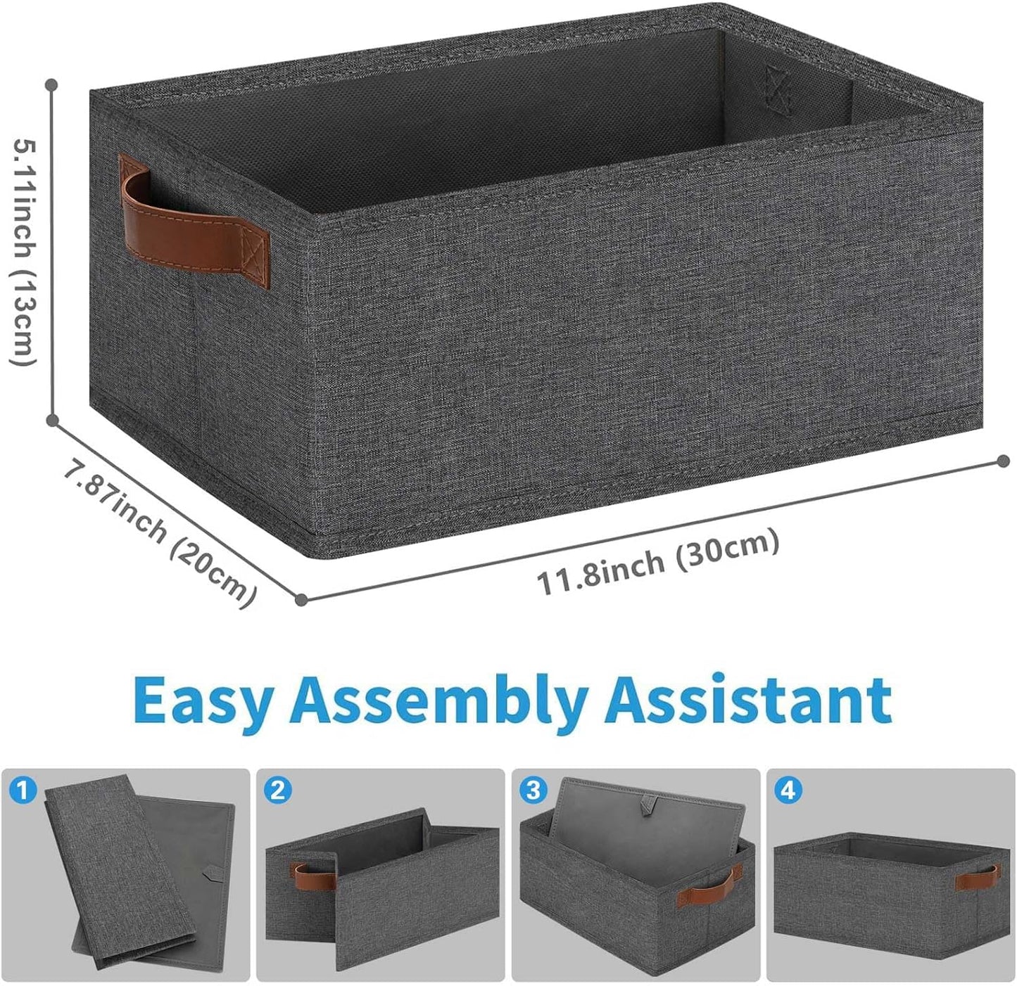 GhvyenntteS Small Fabric Storage Bins 6 Pack, 11.8" x 7.87" x 5.11" Storage Basket with Leather Handles, Closet Storage Bins for Shelves, Storage Baskets for Shelves, DVD Storage (Grey)