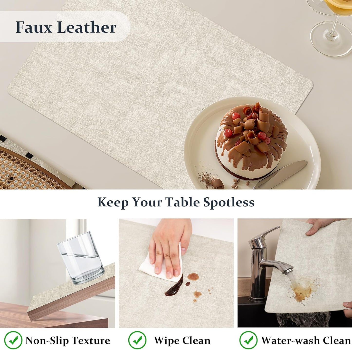 FROMHEART Faux Leather Placemats Set of 6–Waterproof,Heat/Oil Stain-Resistant PU Table Mat–Reversible,Non-Slip,Easy to Clean Place Mats for Kitchen,Dining,Indoor/Outdoor,(Beige,11.8" x 17")