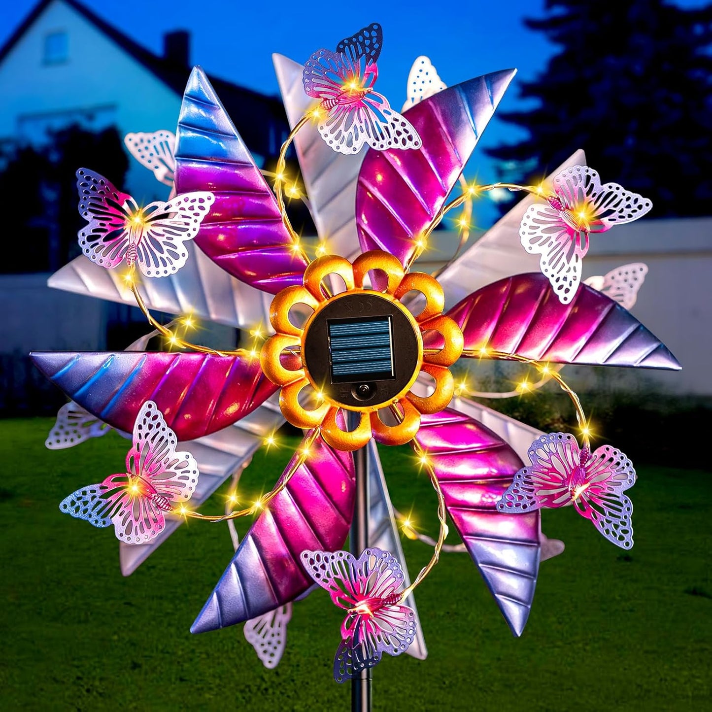 Solar Wind Spinner Outdoor, 360° Metal Large Butterflies Wind Sculpture with Outdoor Kinetic Windmills with Vine String LED Lights for Decor Garden Patio, Lawn & Yard
