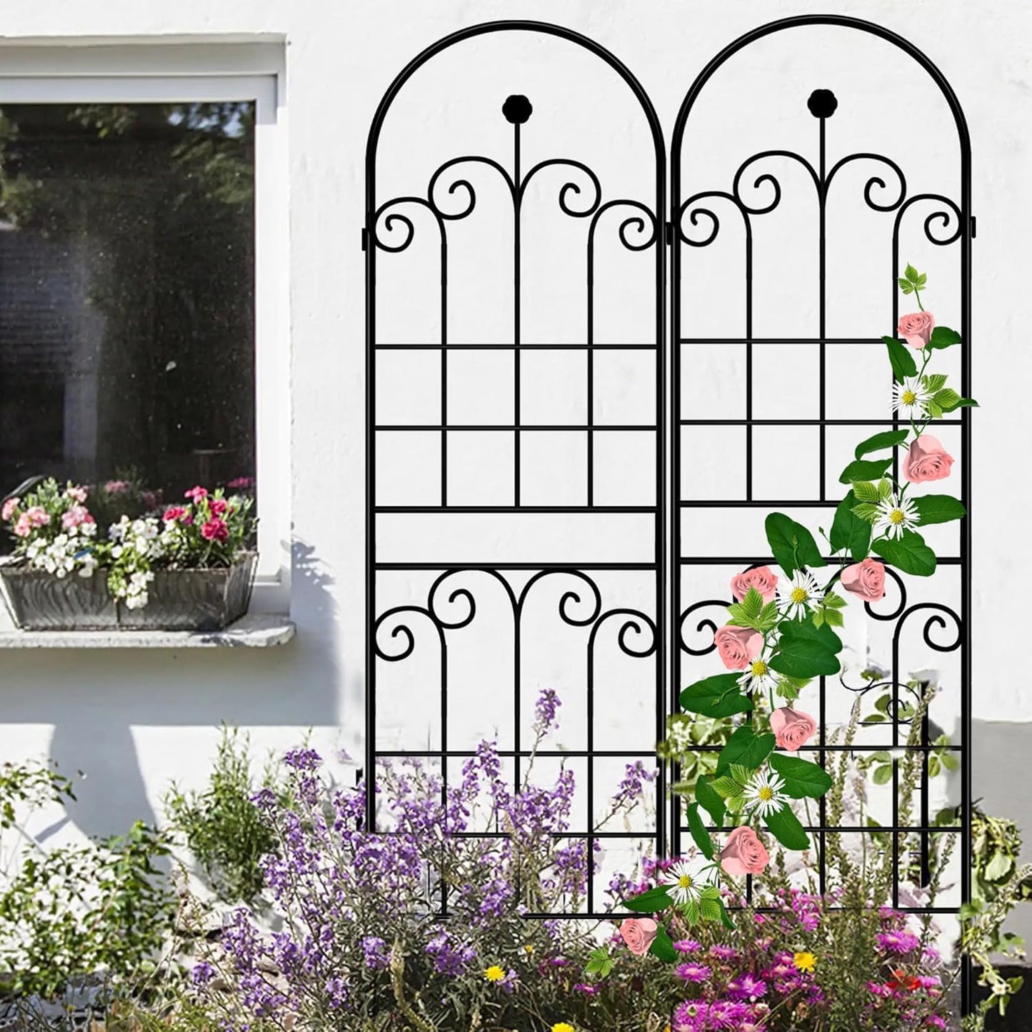 LZRS 2 Pack 71x20in Rustic Iron Arch Decoration Garden Trellis with Black Metal Coating – Perfect for Supporting Climbing Plants Outdoor, Roses, Vines, Flowers, and Vegetables.