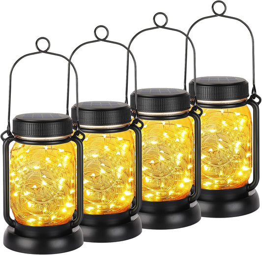 Mlambert 4 Pack Solar Hanging Lantern with Stakes, Outdoor Waterproof Solar Mason Jar Fairy String Lights Decorative Vintage Glass Lamp-Warm White