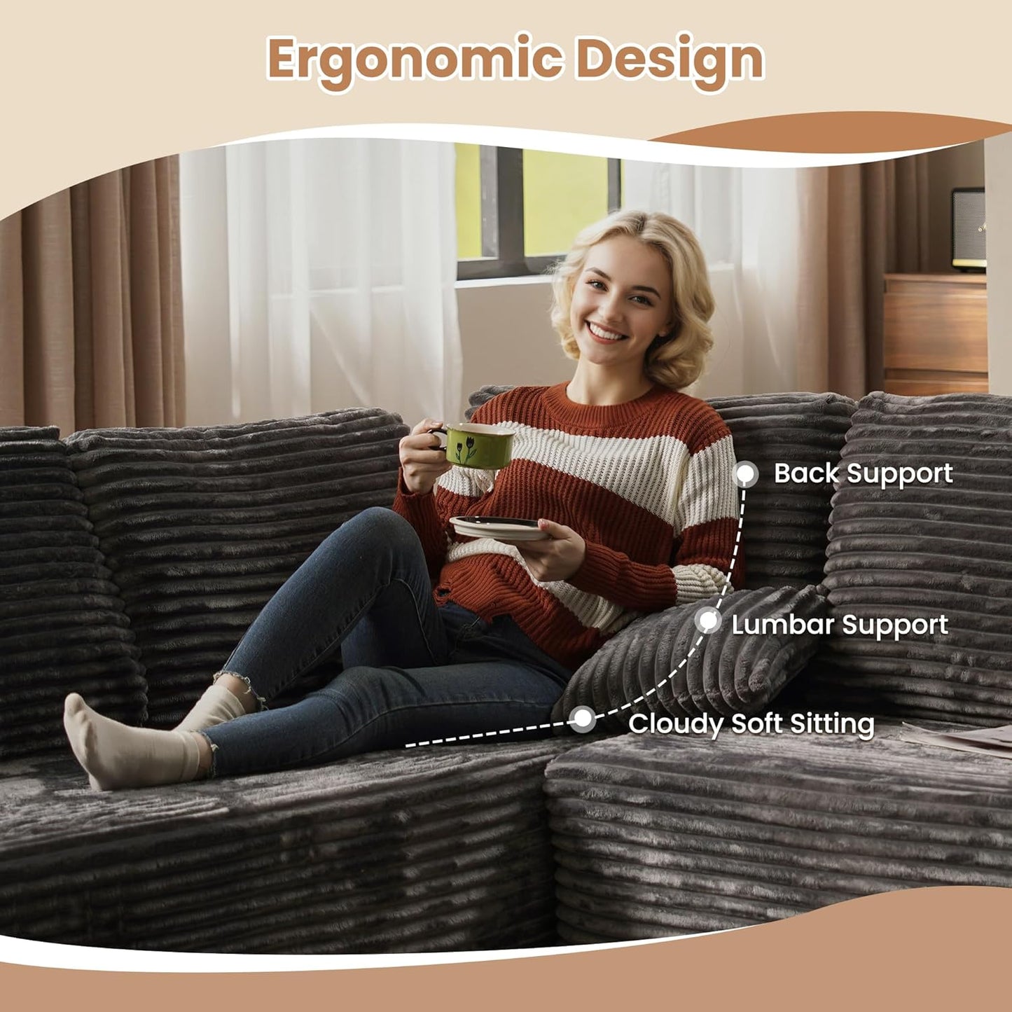 HOOOWOOO Cloud Sectional Couches for Living Room,Modular Sectional Sofa No Assembly,Plush Corduroy Large Floor Couch Furniture Set with Deep Seat Left Chaise L Shape(Gray)