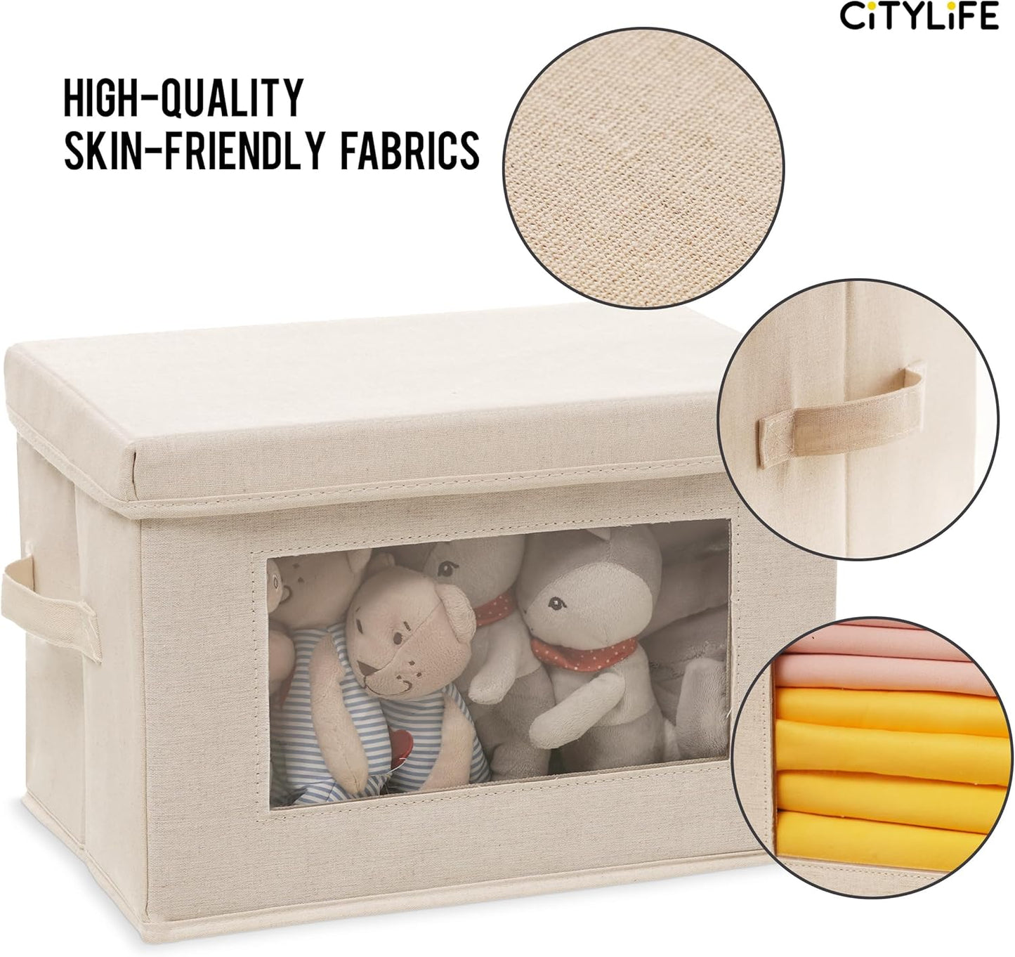 Citylife 3 Pack Storage Bins with Lids, Fabric Foldable Storage Bins with Soft Cord Handles, Canvas Storage Bin with Lid for Organizing Clothes, Blankets and Books, Beige