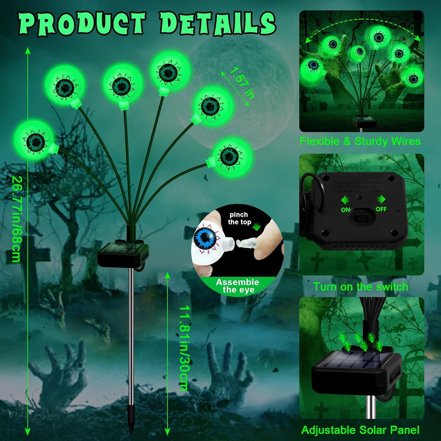 Solar Halloween Decorations, 4 Pack 24 LED Spooky Eyeball Lights, Outdoor Waterproof Solar Green Firefly Lights for Garden Yard Patio Pathway Lawn Halloween Party