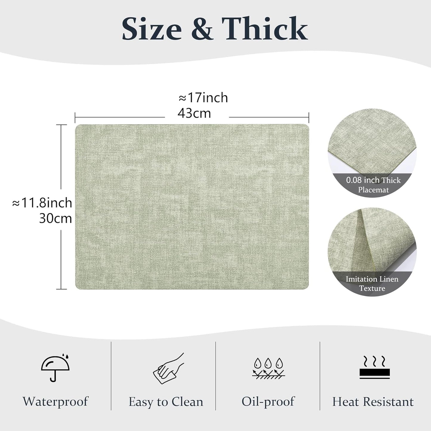 FROMHEART Faux Leather Placemats Set of 6–Waterproof,Heat/Oil Stain-Resistant PU Table Mat–Reversible,Non-Slip,Easy to Clean Place Mats for Kitchen,Dining,Indoor/Outdoor,(Light Green,11.8" x 17")