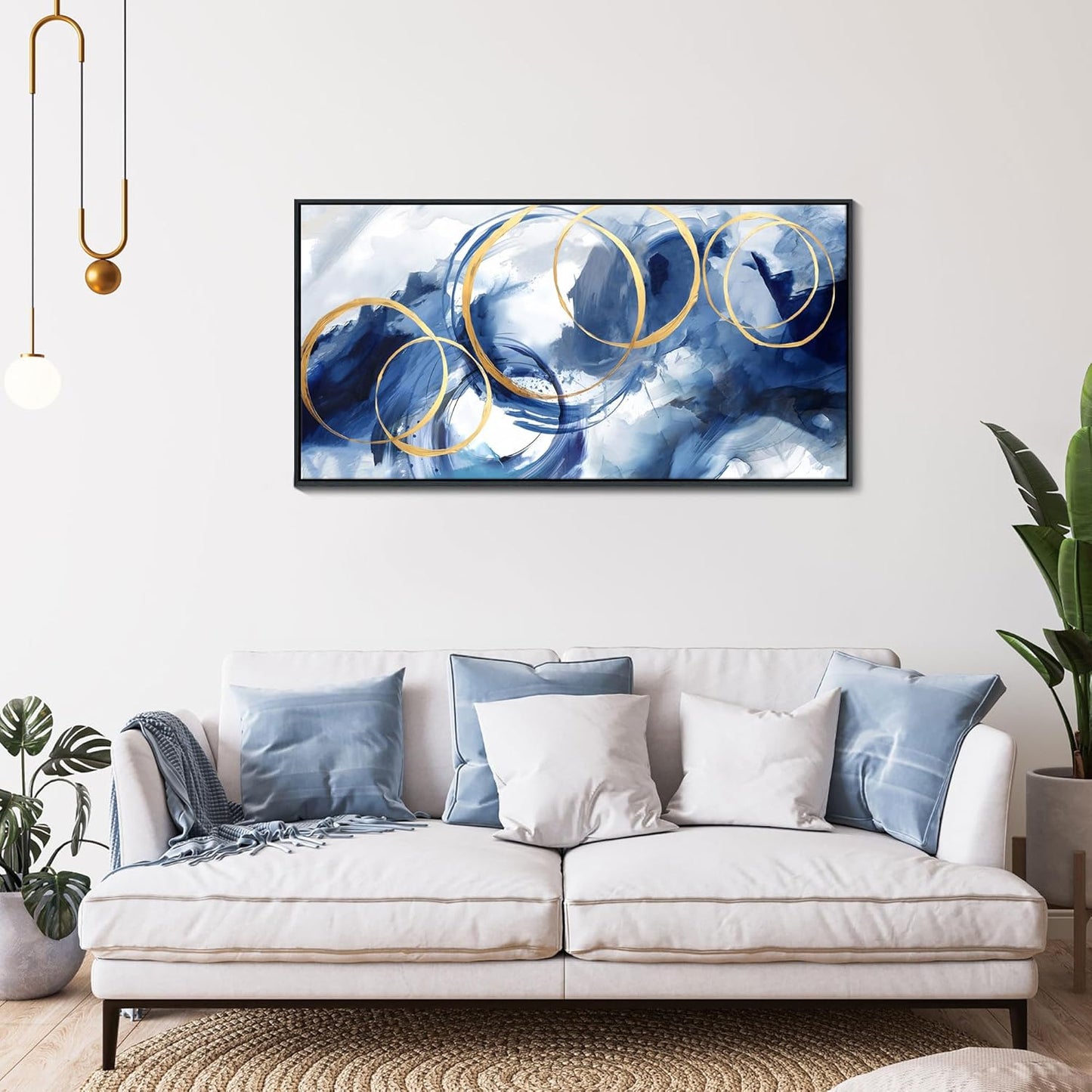 AJAZIKO Blue Abstract Wall Art Modern Navy Blue and Gold Pictures for Living Room Paintings Office Artwork Wall Decor Framed Canvas Wall Art Bedroom Wall Decor Above Bed 20×40IN