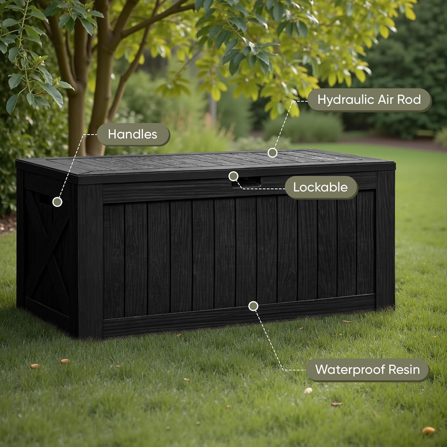 Flamaker Resin Deck Box 120 Gallon Waterproof Large Outdoor Indoor Storage Box Imitation Wood Resin for Patio Furniture Garden Tools and Pool (Black)