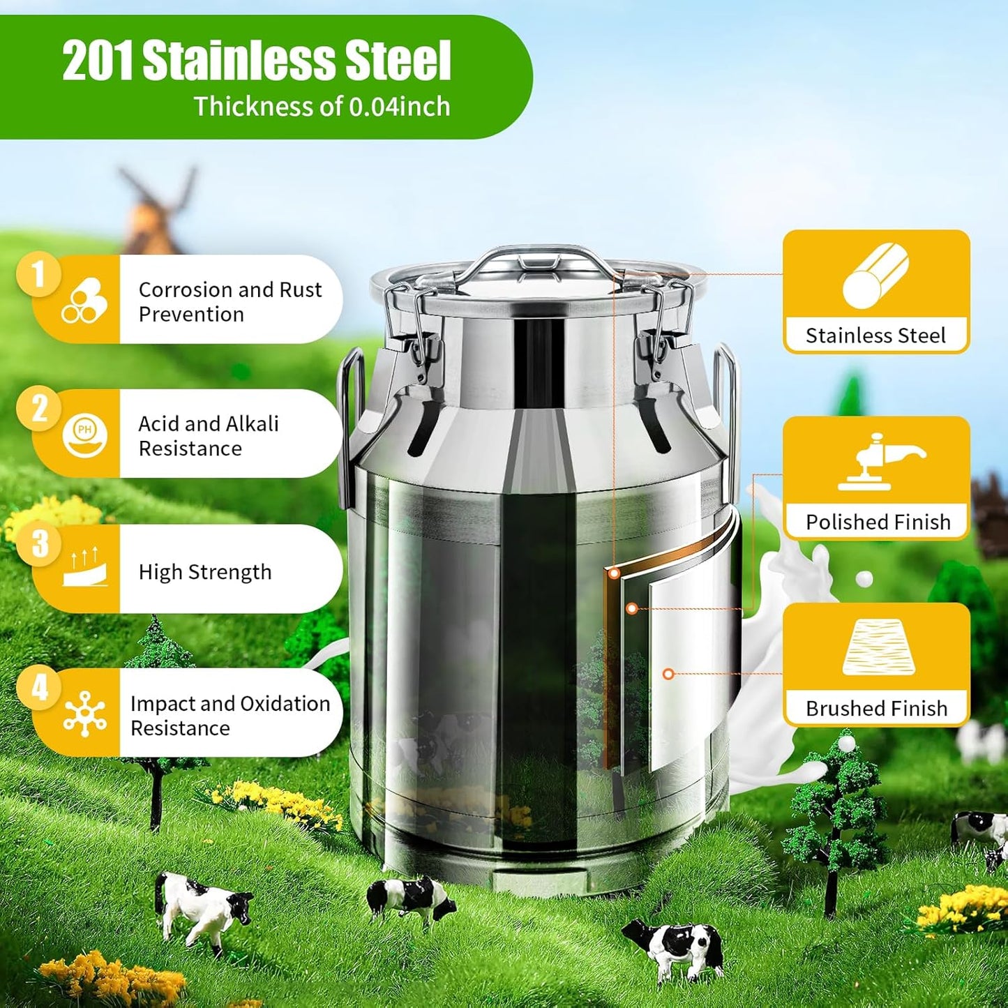 Stainless Steel Milk Can, 30L/7.9 Gallon Heavy Duty Airtight Storage Canister Milk Bucket with Lid, Embedded Silicone Milk Jug Wine Pail Water Cereals Bucket with Three Latches and Two Handles